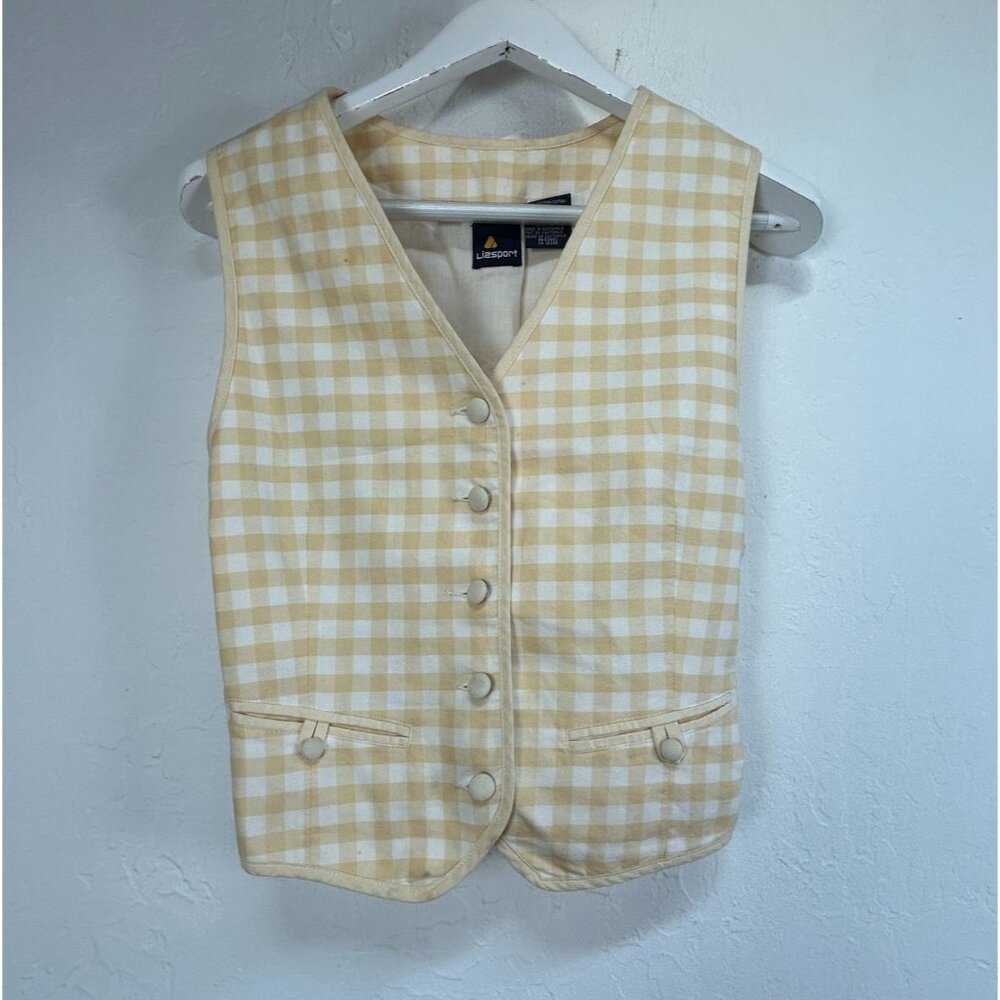 Lizsport Womens Yellow & White Gingham Button-Up Vest Large Lined Lightweight